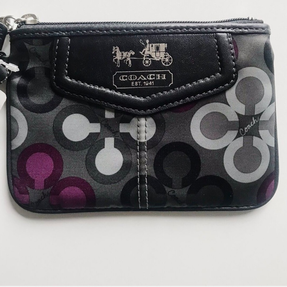 EUC Coach Logo Print Vinyl Wristlet Gray/Purple Full Zip Lined Wrist